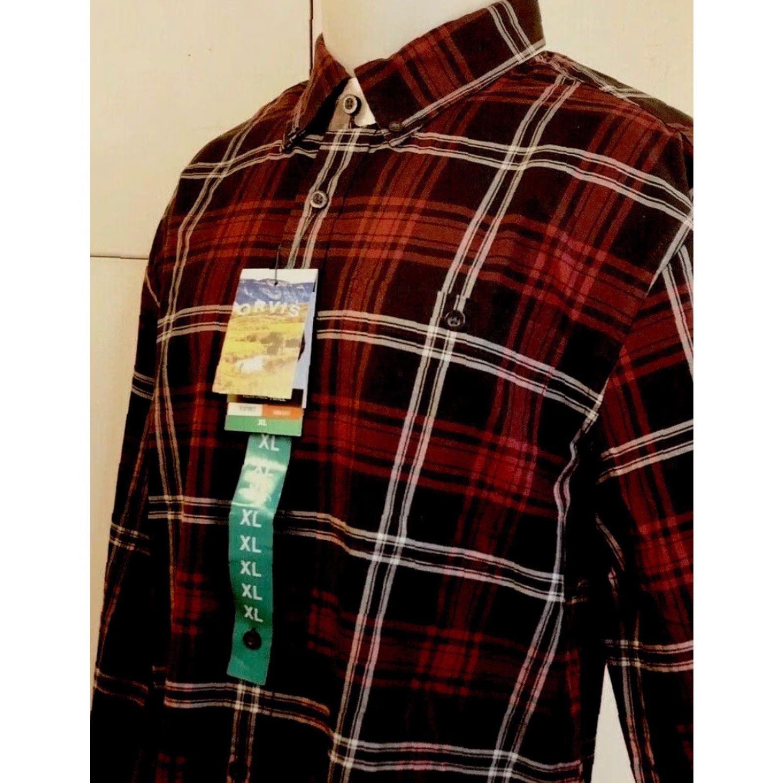 Orvis Orvis Shirt Mens XL Twill Plaid Red/Black/White FLY FISHING Button-Up Long Sleeve Tic Plaid Pattern Wood Patterned Plaid Fish Theme Size US XL / EU 56 / 4 - 2 Thumbnail