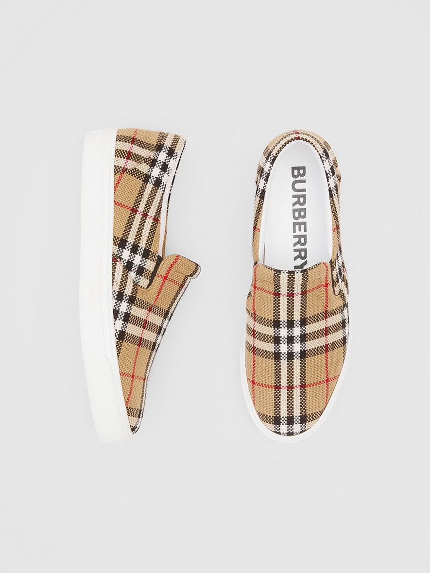 image of Burberry Latticed Cotton Slip-On Sneakers in Archive Beige, Men's (Size 9)