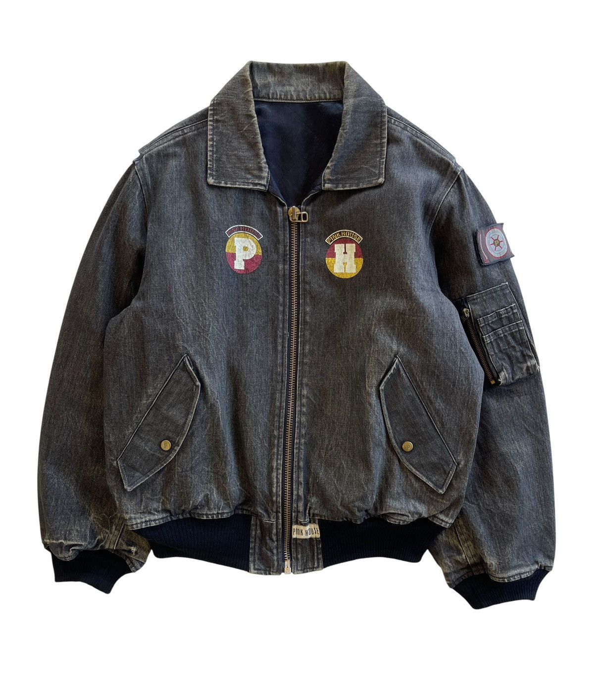 Pink House 1980s Washed Black Denim Bomber Jacket Size US XL / EU 56 / 4 - 1 Thumbnail