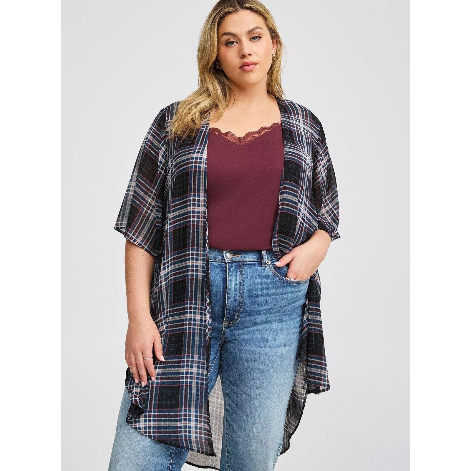 Other Torrid Memory Plaid Shirttail Kimono Lightweight Sheer Blue Size XL / US 12-14 / IT 48-50 - 1 Thumbnail
