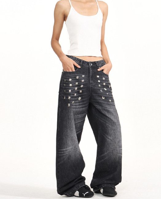 Vintage American retro studded washed straight leg jeans Size US 32 / EU 48 - 4 Thumbnail