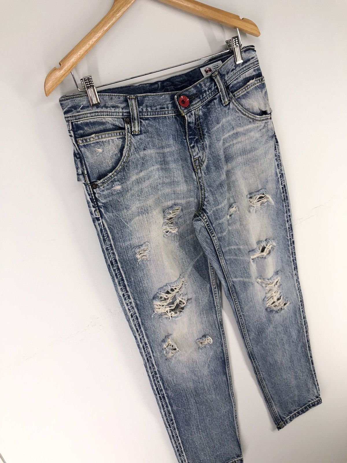 Japanese Brand Rodeo Crowns Back Ribbon Distressed Faded Blue Jeans Size 31" - 3 Thumbnail