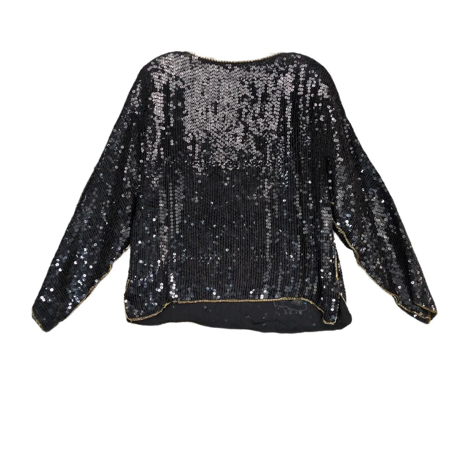 Vintage Star Group Sz M 100% Silk Black Sequin Beaded Gold Rose Top Size M / US 6-8 / IT 42-44 - 2 Thumbnail