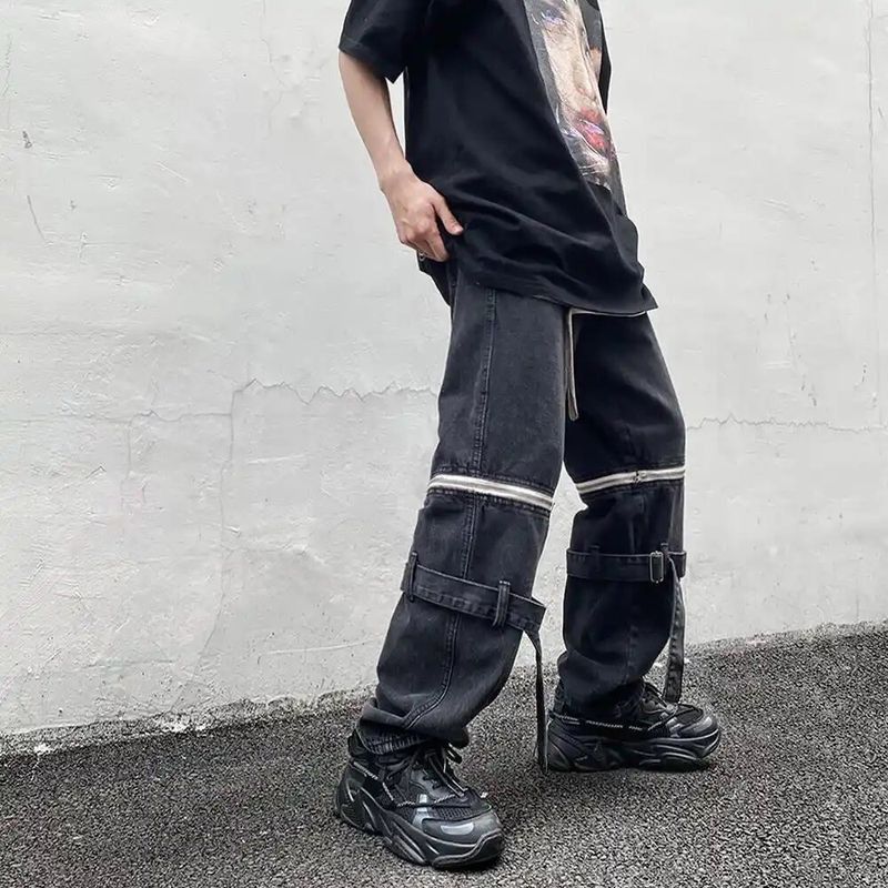 image of Jean Retro Detachable Zipper Wide Leg Cargo Pants in Black, Men's (Size 30)