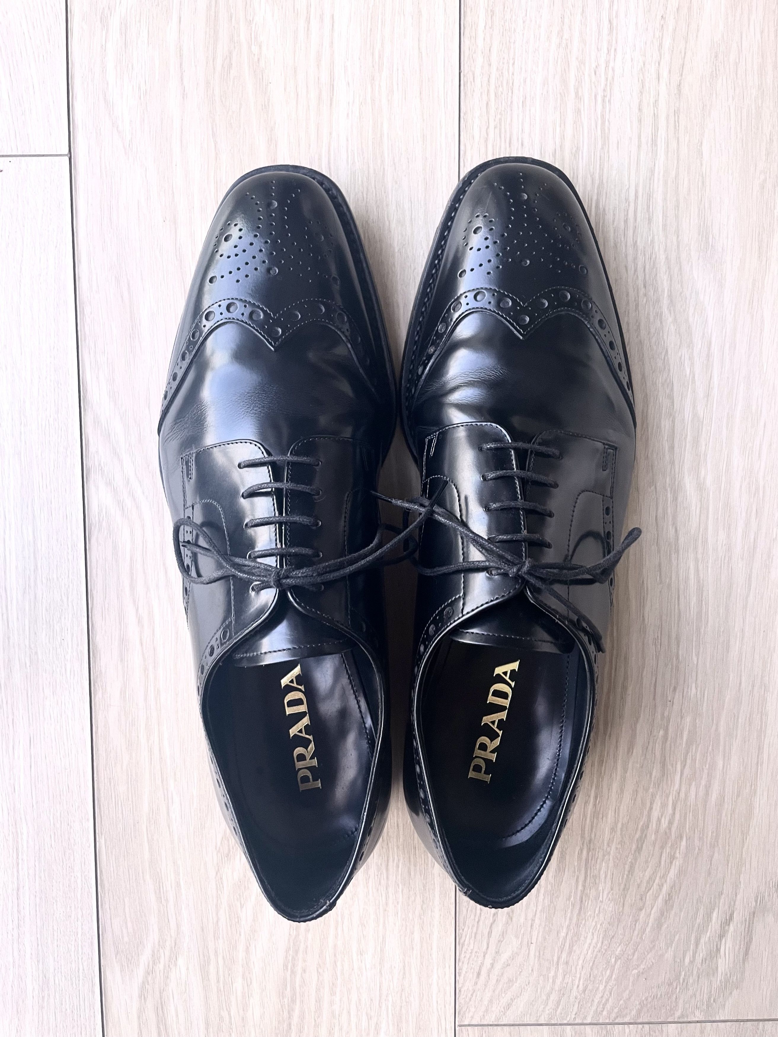 Prada PRADA SPAZZOLATO LEATHER FULL BROGUE WING TIP DERBY SHOES Size US 12 / EU 45 - 8 Thumbnail