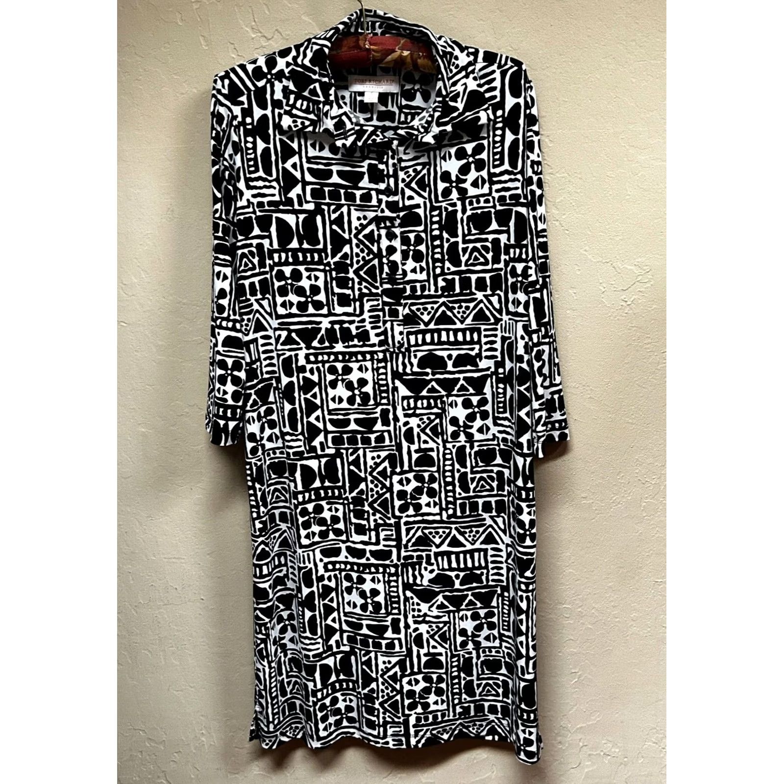 Tori Richard Tori Richard Shirt Dress Womens Midi Small Black Geometric Print Button Front Half Button Front Long Sleeve Casual Workwear Size Small Size S / US 4 / IT 40 - 2 Thumbnail