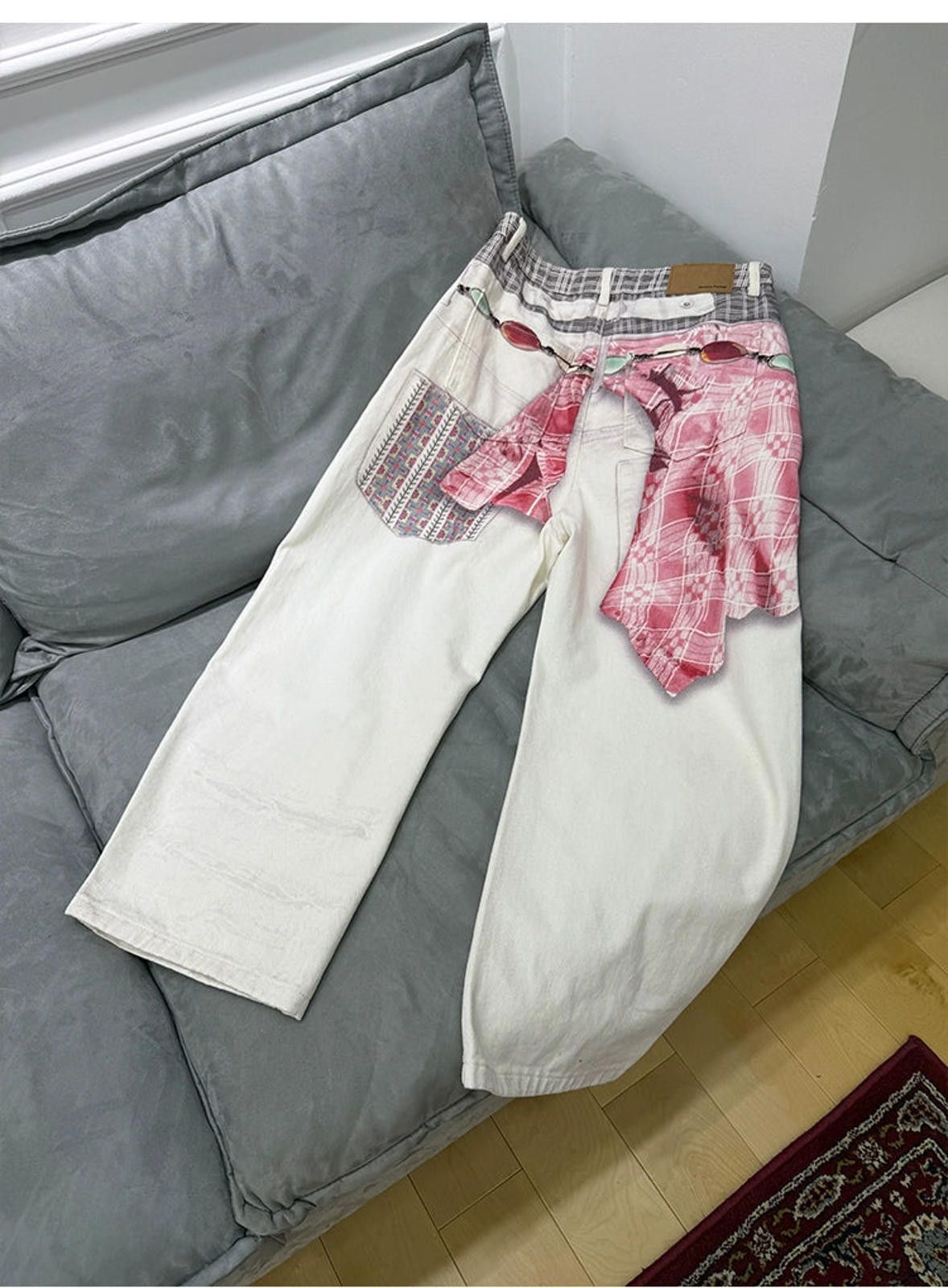 Japanese Brand White Baggy Wide Leg Pants with Pink Plaid Shirt 3D Print Size US 32 / EU 48 - 7 Thumbnail