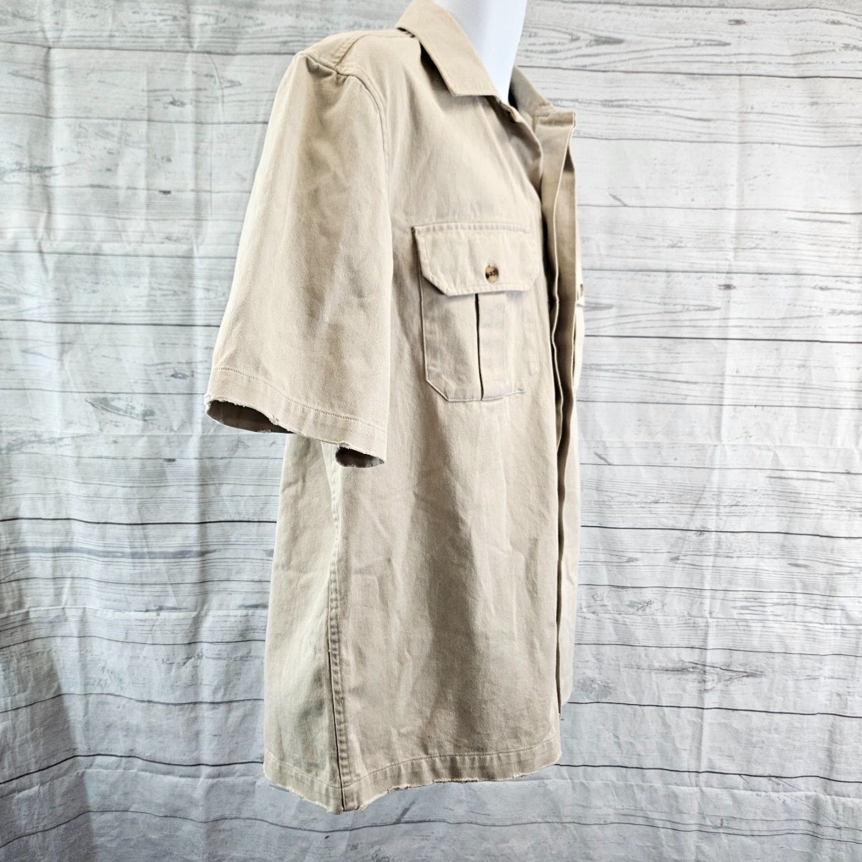 Topman Topman Mens Button Front Shirt Sz M Beige Cotton Distressed Solid Short Sleeve Modern Size US M / EU 48-50 / 2 - 3 Thumbnail