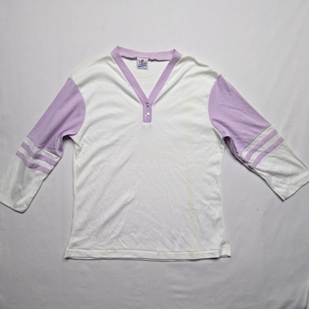 Vintage Vintage Le Riche Henley Shirt Purple White 3/4 Sleeve S 80s Size S / US 4 / IT 40 - 1 Thumbnail