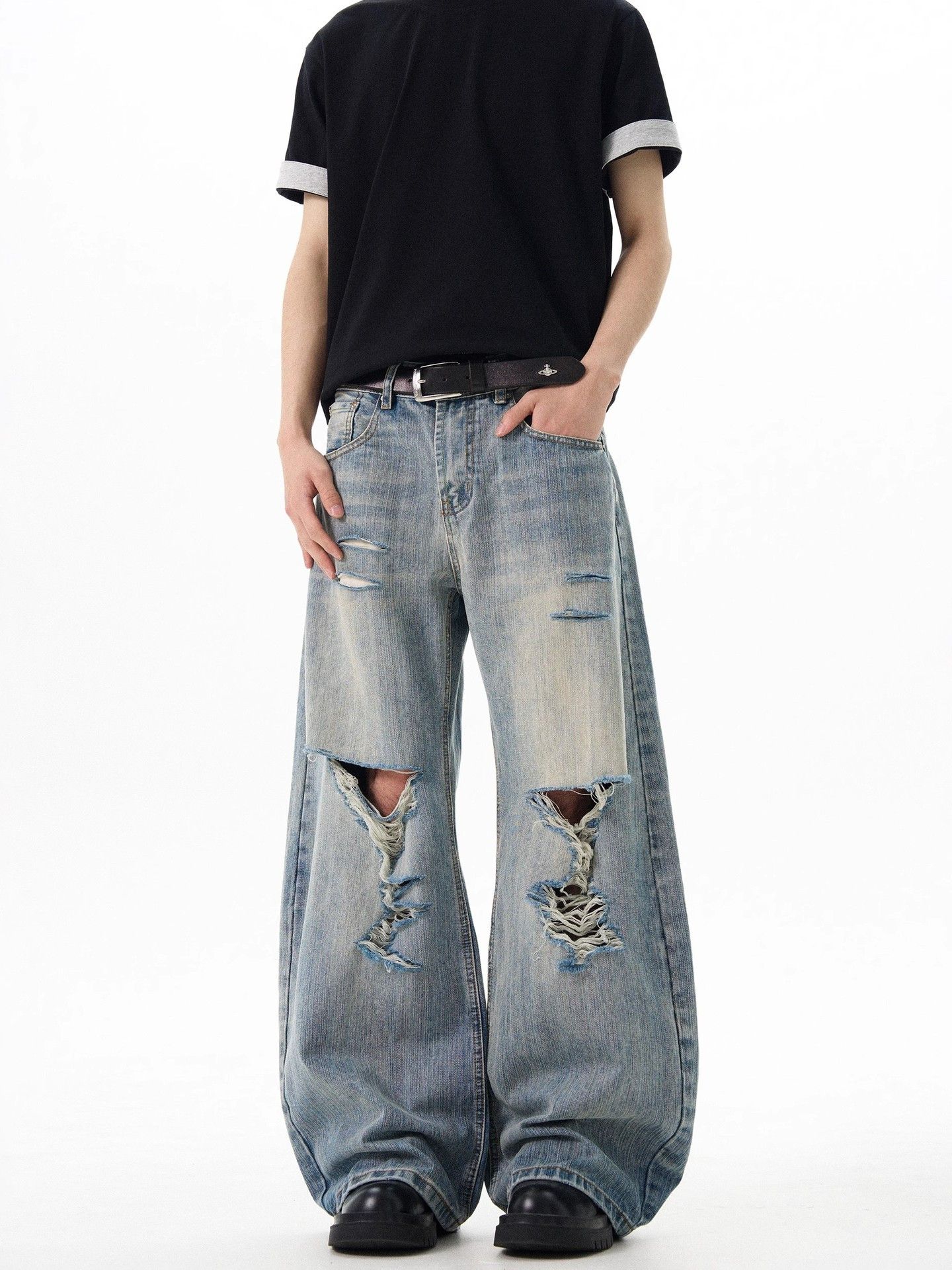 Japanese Brand Street men's loose ripped washed distressed scimitar jeans Size US 32 / EU 48 - 4 Thumbnail