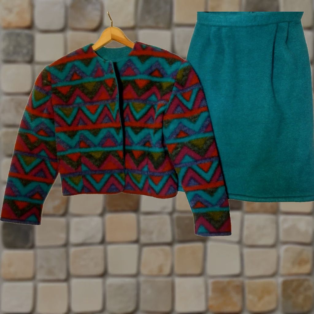 Altea Vintage 1990s Skirt Suit Jacket Small Teal Maroon Geometric Retro Gorpcore 2 Pc Size 26" / US 2 / IT 38 - 1 Thumbnail