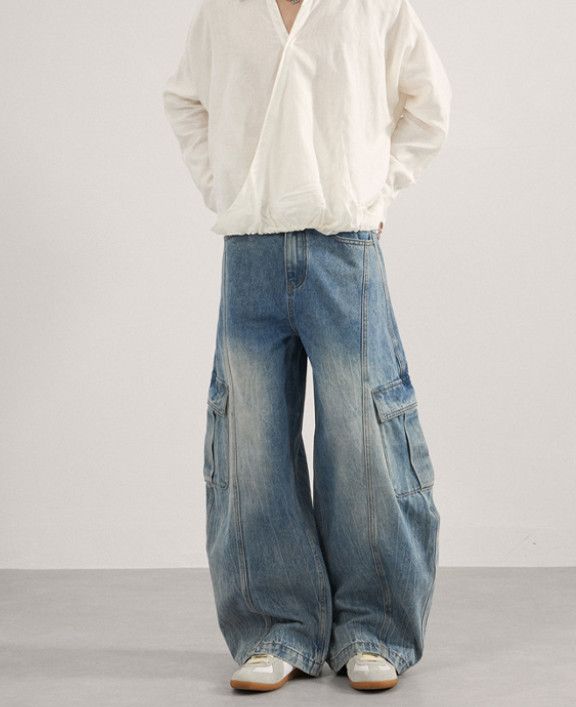 Vintage American-style multi-pocket washed wide-leg baggy jeans Size US 32 / EU 48 - 1 Thumbnail