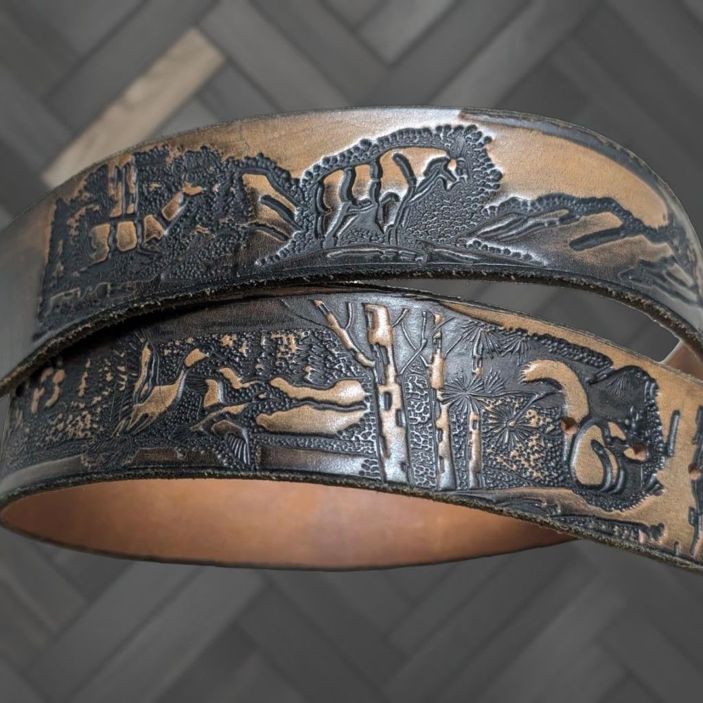 Vintage VINTAGE handcrafted WESTERN belt Tooled 34 animals WILDLIFE Brown leather belt 34 Men Leather Full Grain 1-3/4" width Western Belt Mens Size 34 - 1 Thumbnail