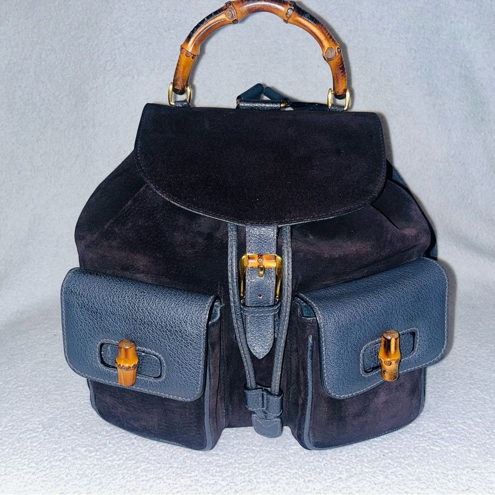 Gucci Bamboo Black/Navy Blue Suede/Leather Backpack