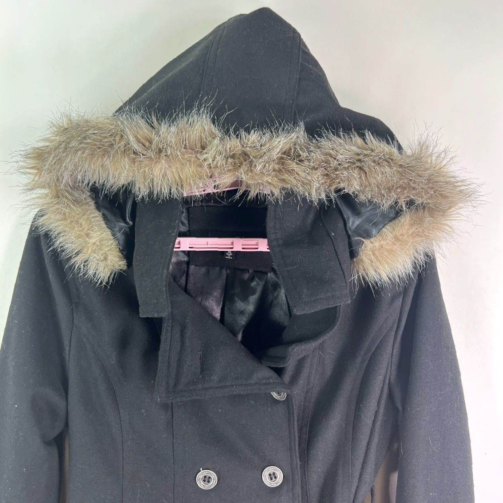 Vintage Rue 21 Wool Blend Pea Coat Women's XL Black Double Breasted Faux Fur Removable Hood 90s Classic Size XL / US 12-14 / IT 48-50 - 2 Thumbnail
