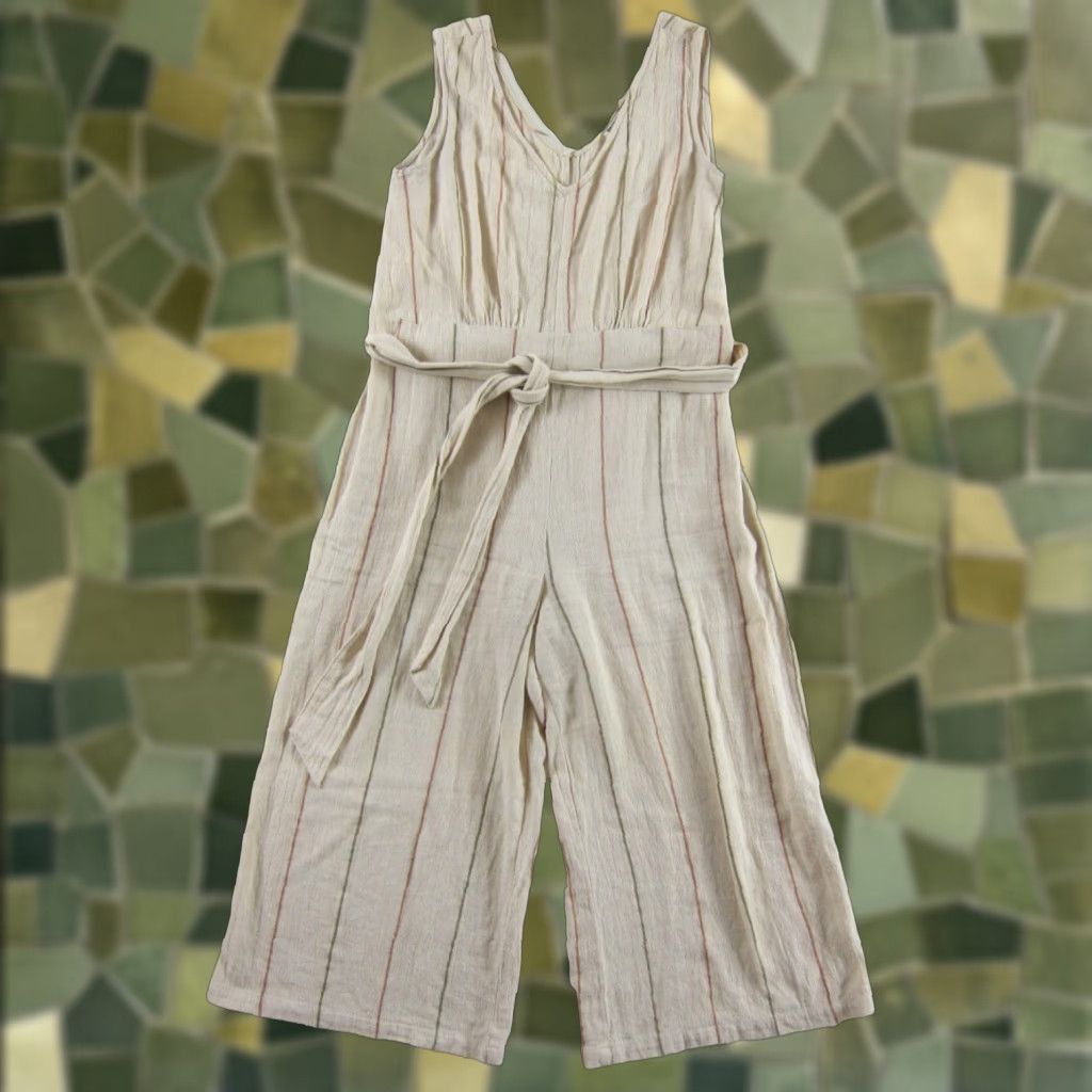 Vintage World Market Jumpsuit Cotton Weave Ivory Pink Stripe Wide Leg Romper S-M Size 28" / US 6 / IT 42 - 1 Thumbnail
