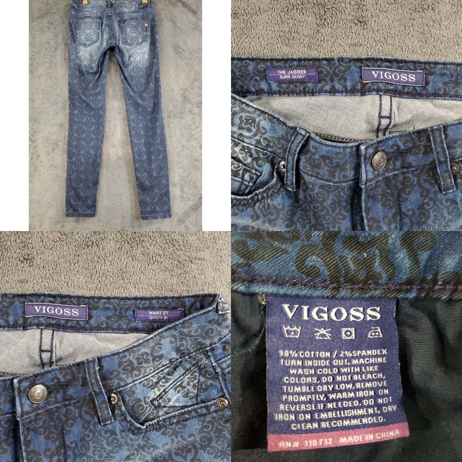 Vintage VIGOSS The Jagger Jeans Skinny 27x31 Blue Paisley Stretch Denim Patterned Women Regular Size XS-? (invalid) Size 27" / US 4 / IT 40 - 8 Thumbnail
