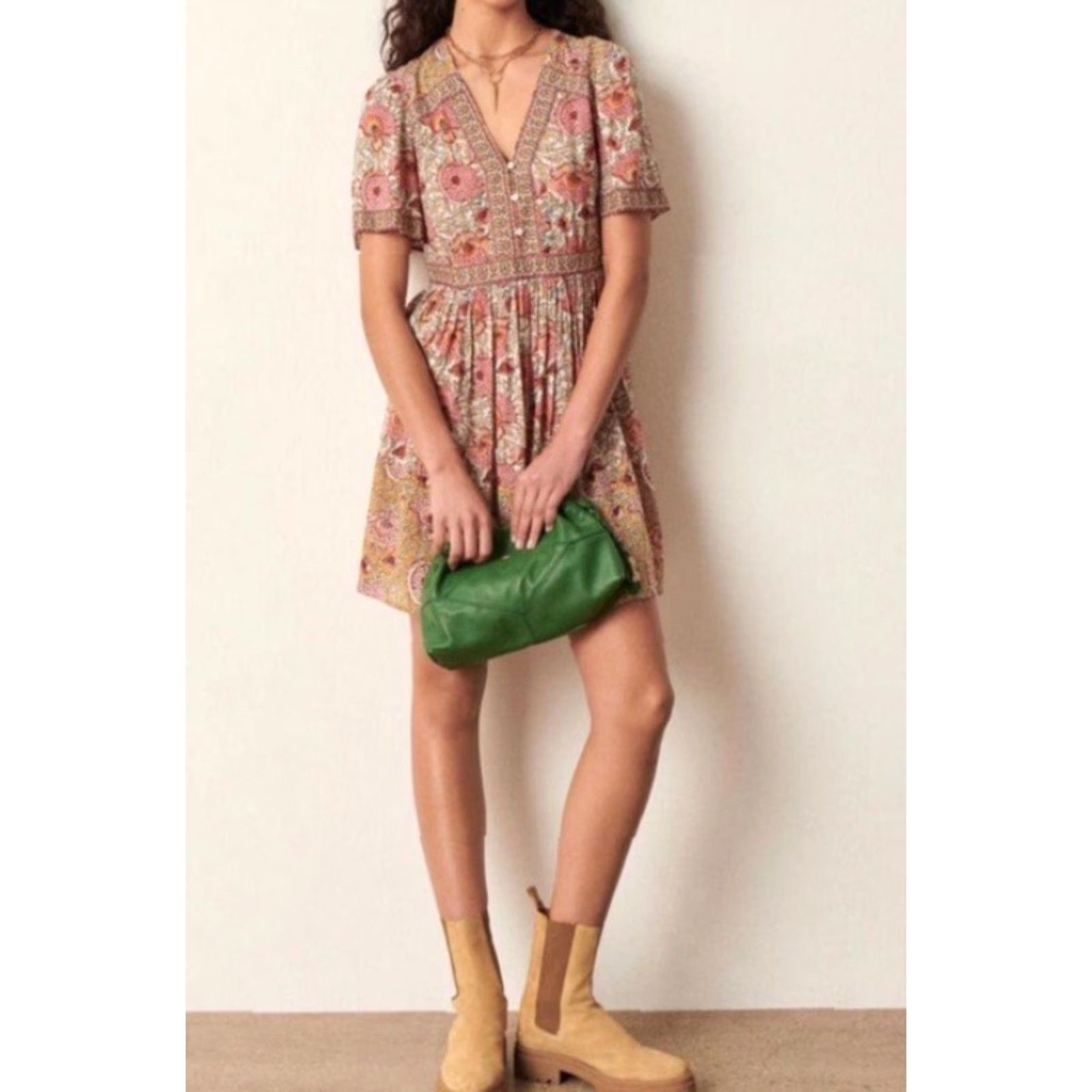 ba&sh BA&SH Valia Mini Dress Ocre Floral V-Neck Short Sleeve Zip Button Multicolor Boho S Womens Size S / US 4 / IT 40 - 3 Thumbnail