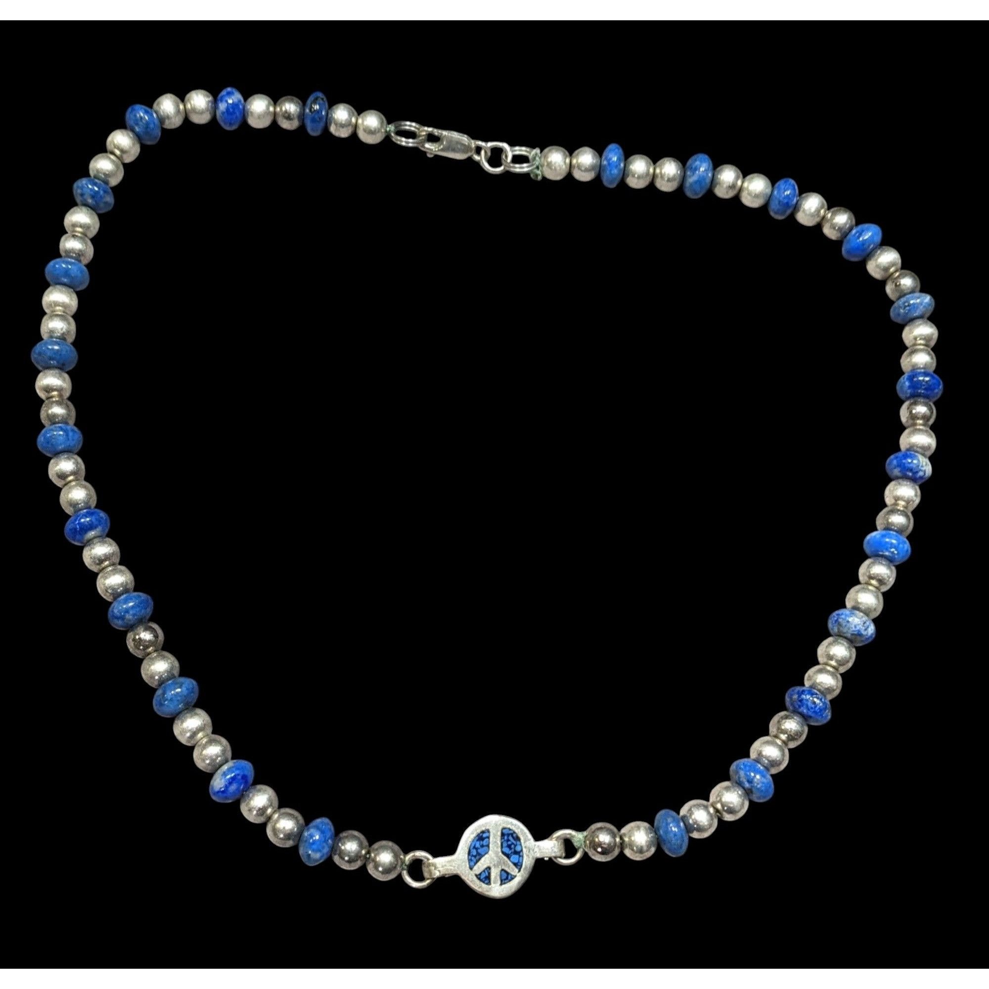 Other Vintage Hippie Peace Sign Lapis And Silver Tone Beaded Neckl Size ONE SIZE - 1 Thumbnail