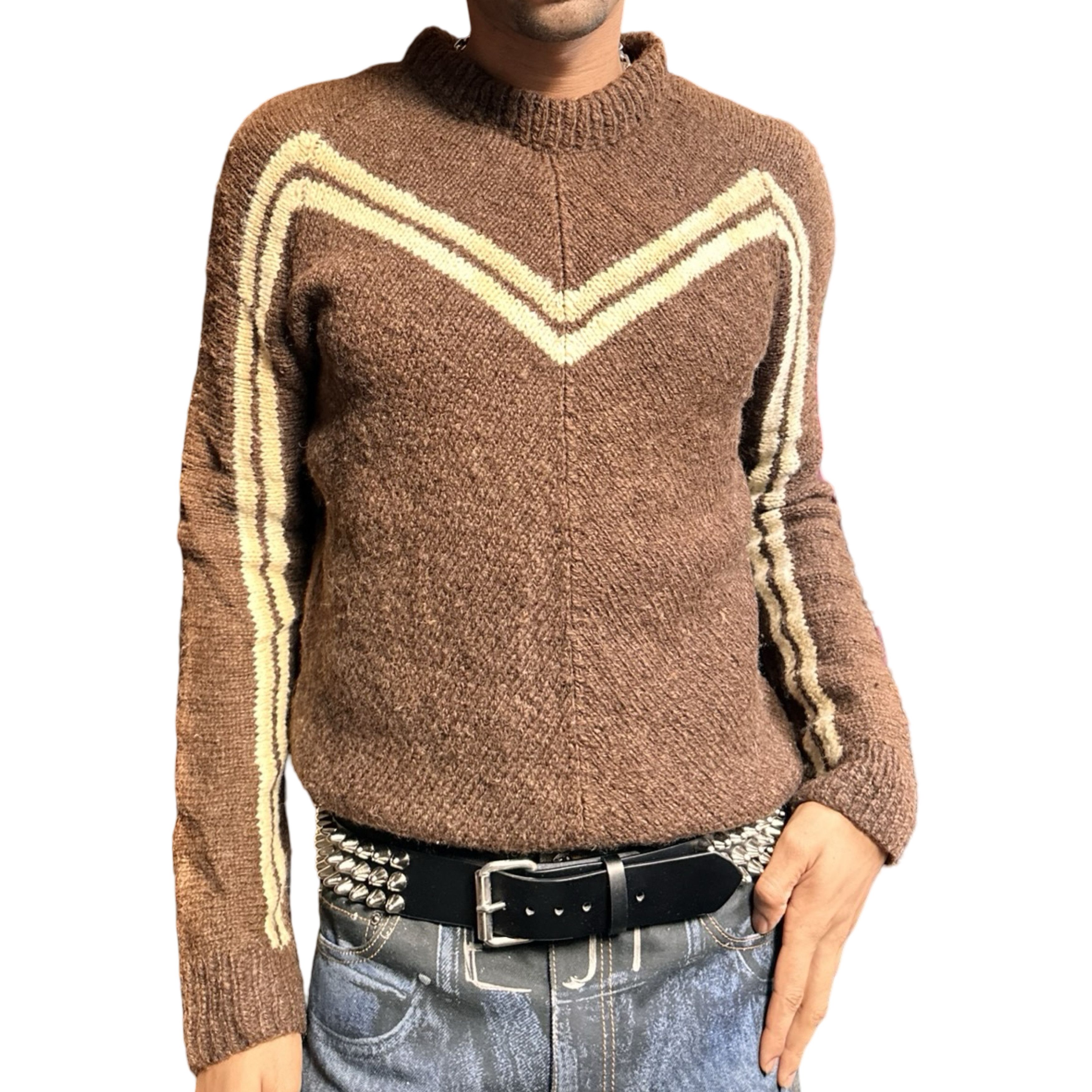 Vintage Vintage Brown Wool ‘Prada Style’ V Pattern Sweater – Large Size US L / EU 52-54 / 3 - 2 Thumbnail