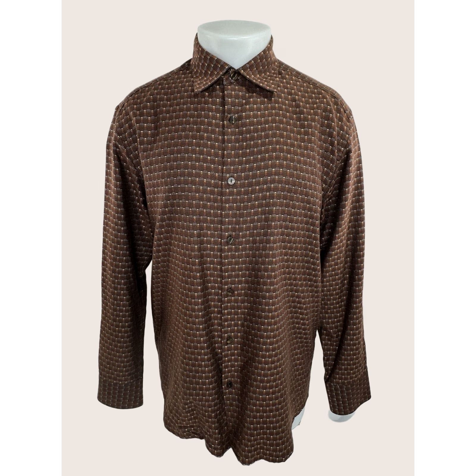 Vintage Jhane Barnes Mens L Shirt Silk Blend Geometric Rust Red White Orange Size US L / EU 52-54 / 3 - 1 Thumbnail