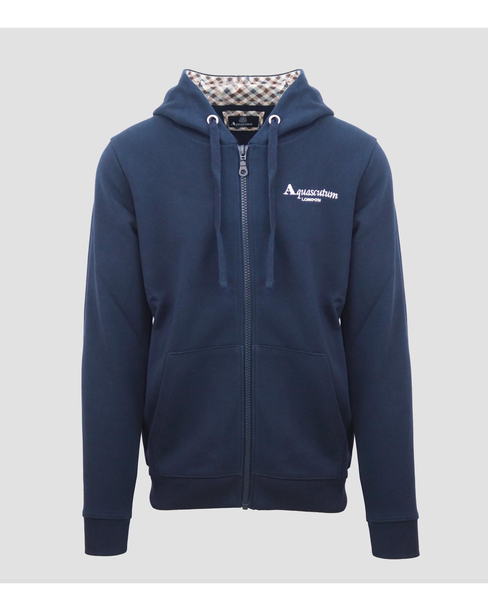 Image of Aquascutum Cotton Zip-Up Sweatshirt With Fixed Hood in Blue, Men's (Size 2XL)