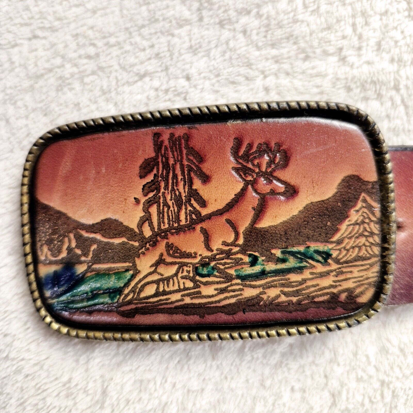 0608WEAR Vintage Buck Deer Belt 44in Buckle Genuine Leather Mountain Size 44 - 3 Thumbnail