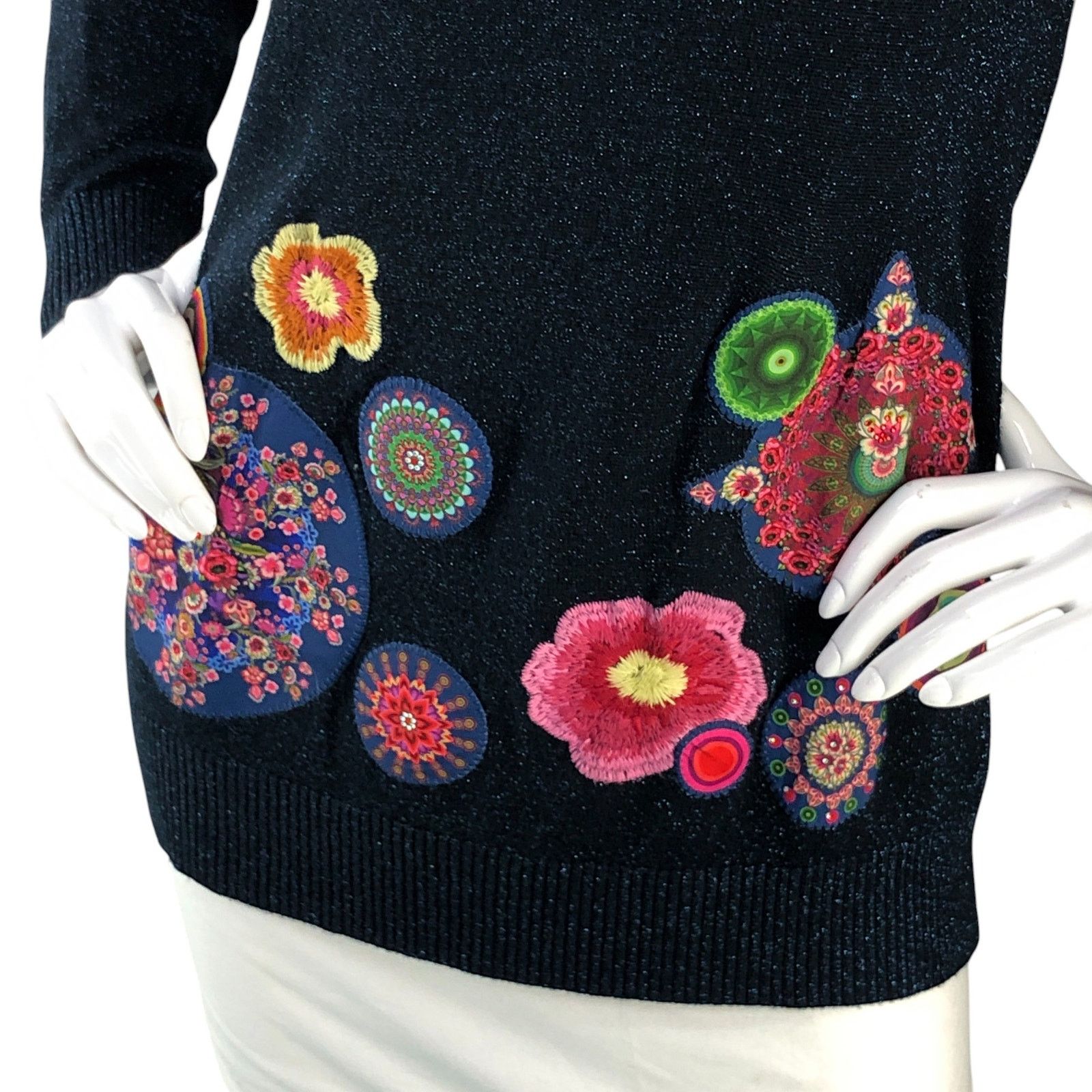 Desigual Desigual Size S Sweater Floral Embroidery Metallic Navy Blue Size S / US 4 / IT 40 - 3 Thumbnail