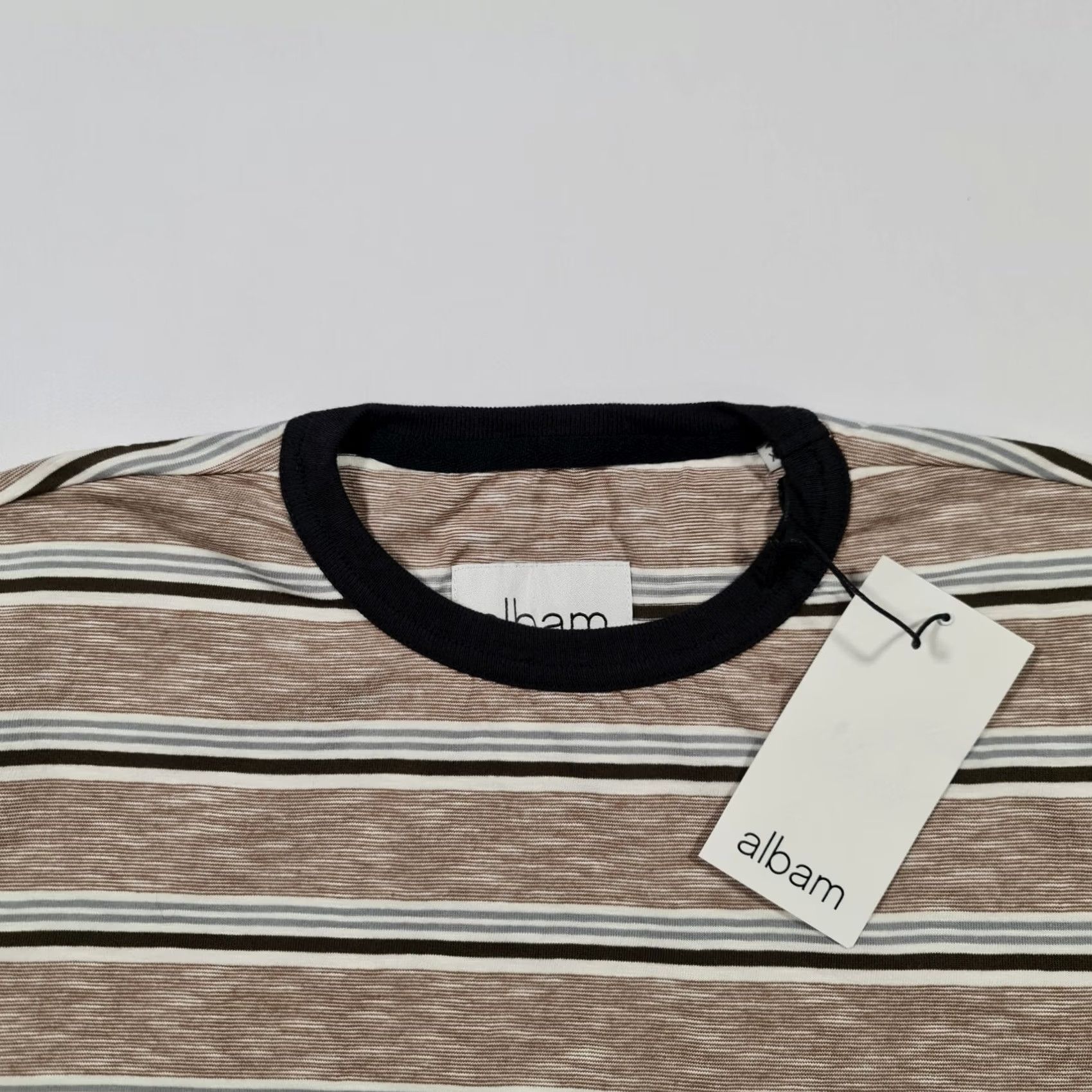 Albam albam Mens T Shirt Brown XS Striped Short Sleeve Crew Neck 100% Cotton Tee Top Logo Size US XS / EU 42 / 0 - 2 Thumbnail
