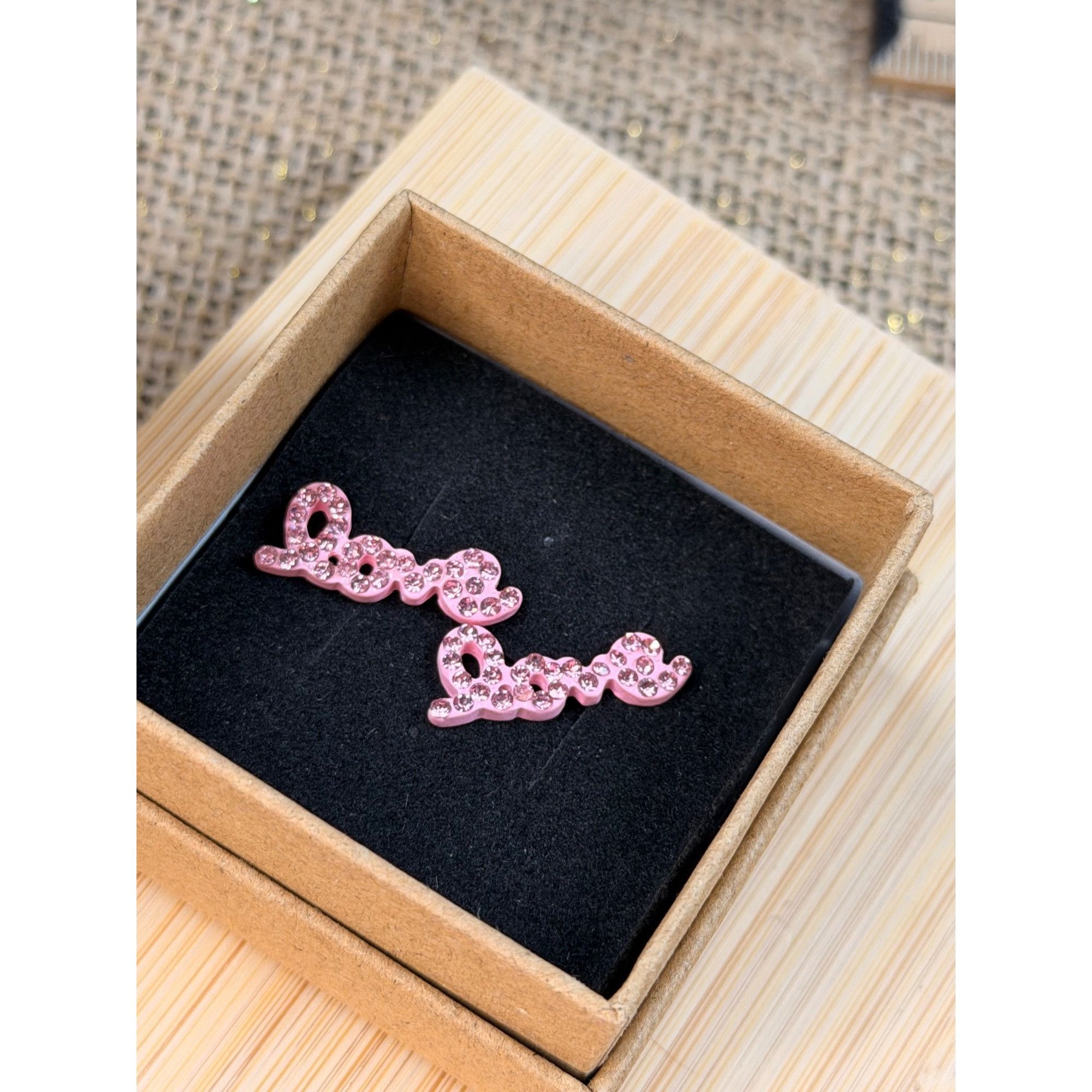 Other Pink Rhinestone "Love" Stud Earrings With Secure Backings In Size ONE SIZE - 1 Thumbnail