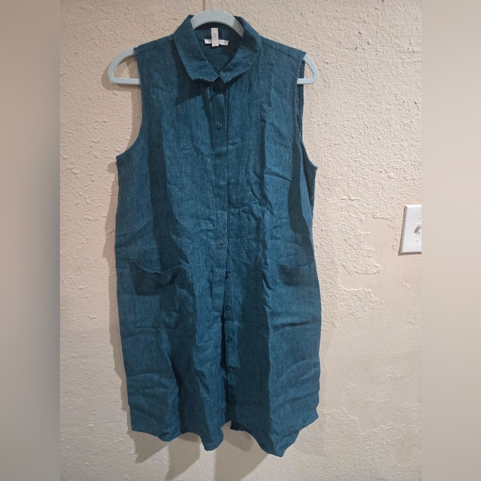 eileen fisher blue linen dress Cotton Linen Windowpane Gauze Dress – Eileen Fisher Renew main image 1