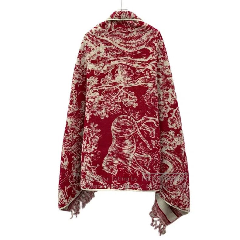 Dior Dior SizeU Red animal jungle printed cotton tassel cloak sh Size ONE SIZE - 2 Thumbnail