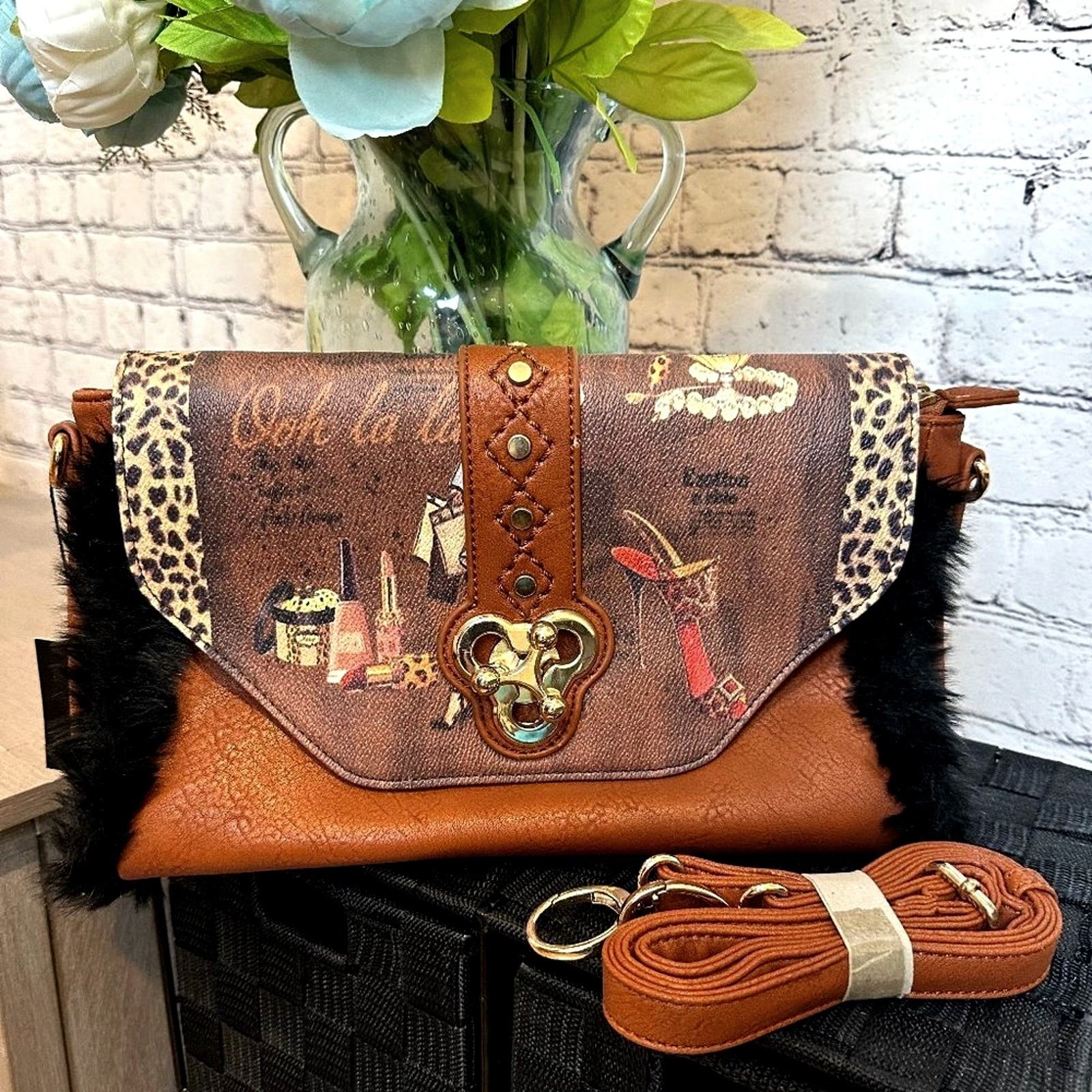 Other Beautiful Clutch Crossbody Handbag Turn Lock Fur Trim Size ONE SIZE - 2 Thumbnail