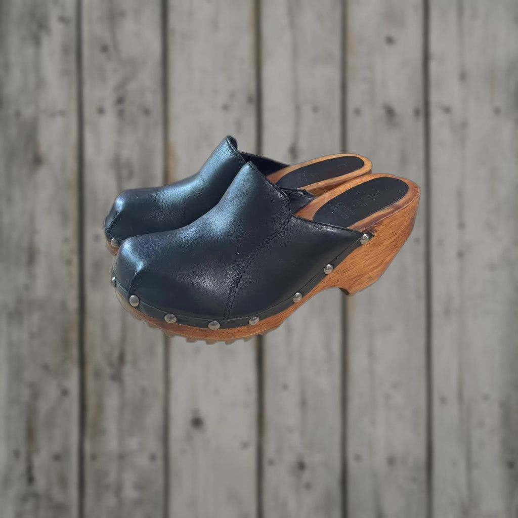 VINTAGE London Underground Platform Clog Leather Heel Black Size 7 EU 38 Women Womens ফ