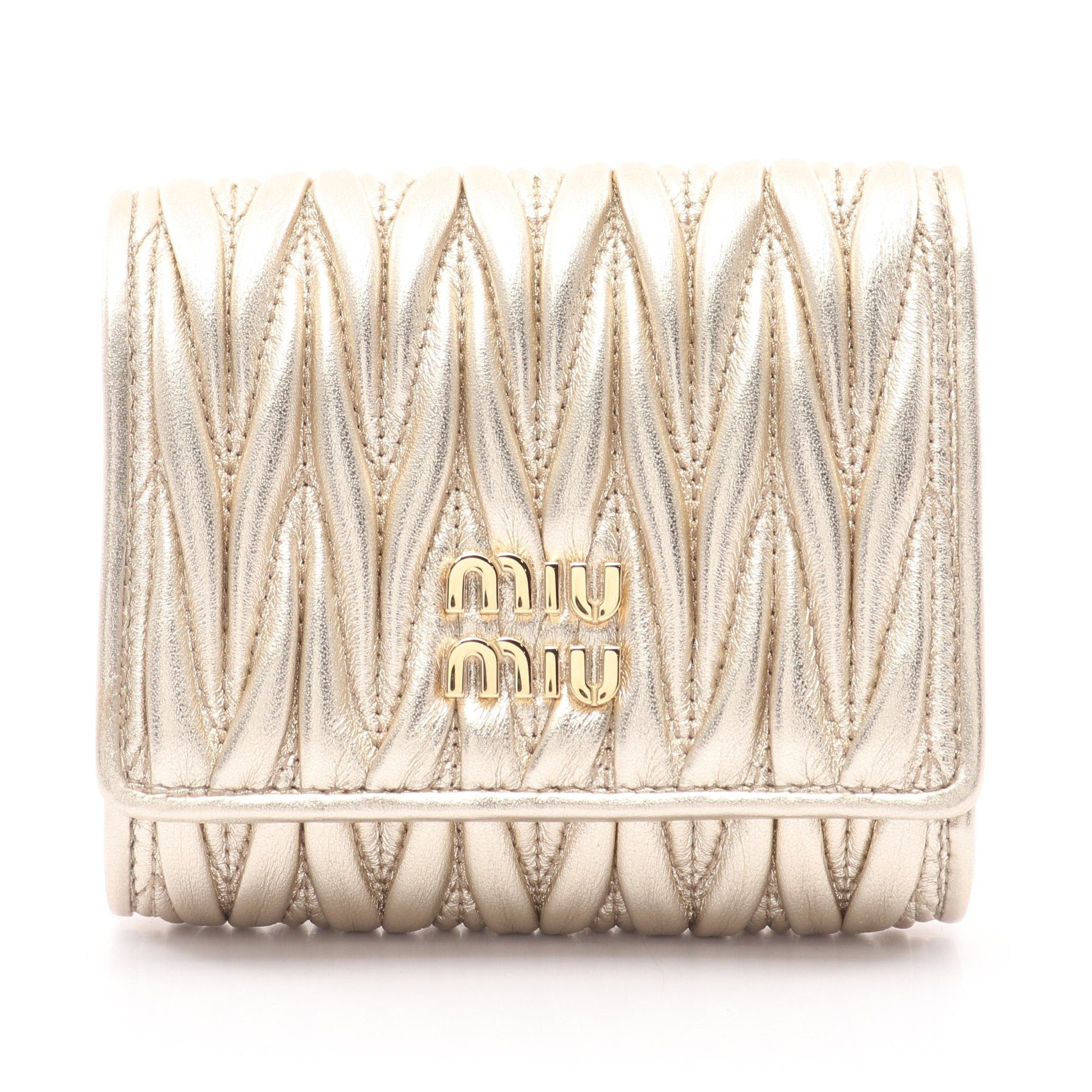 Miu Miu Miu Miu Matelasse Miu Trifold Wallet Leather Champagne Gold Size ONE SIZE - 1 Thumbnail