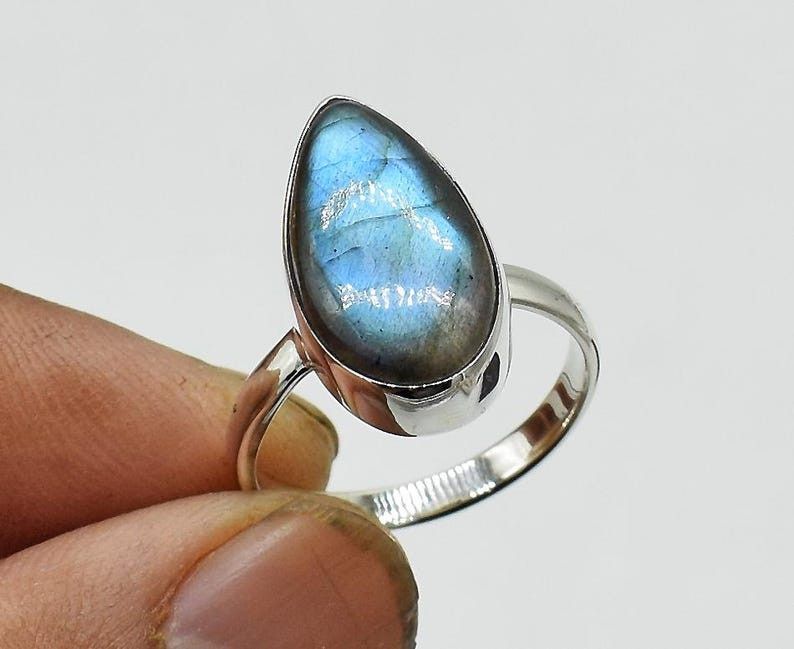 Handmade Boho Pear Labradorite Ring: 925 Sterling Silver Gems Jewelry Size ONE SIZE - 1 Thumbnail