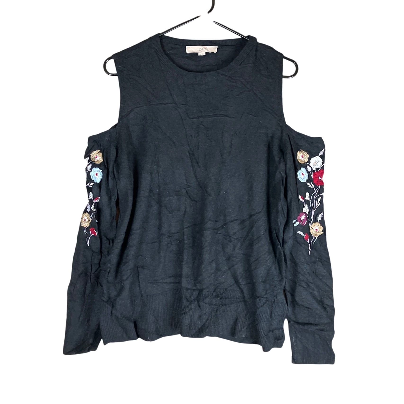 Loft LOFT Womens Sweater Black Floral Embroidered Cold Shoulder Crew Wool Blend XL Size XL / US 12-14 / IT 48-50 - 2 Thumbnail
