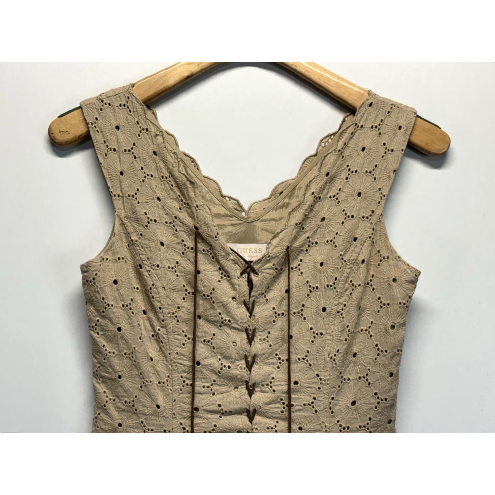 Guess VINTAGE GUESS Eyelet Lace Up Mini Dress Women Size 4 Tan Y2K Fit & Flare Size S / US 4 / IT 40 - 2 Thumbnail