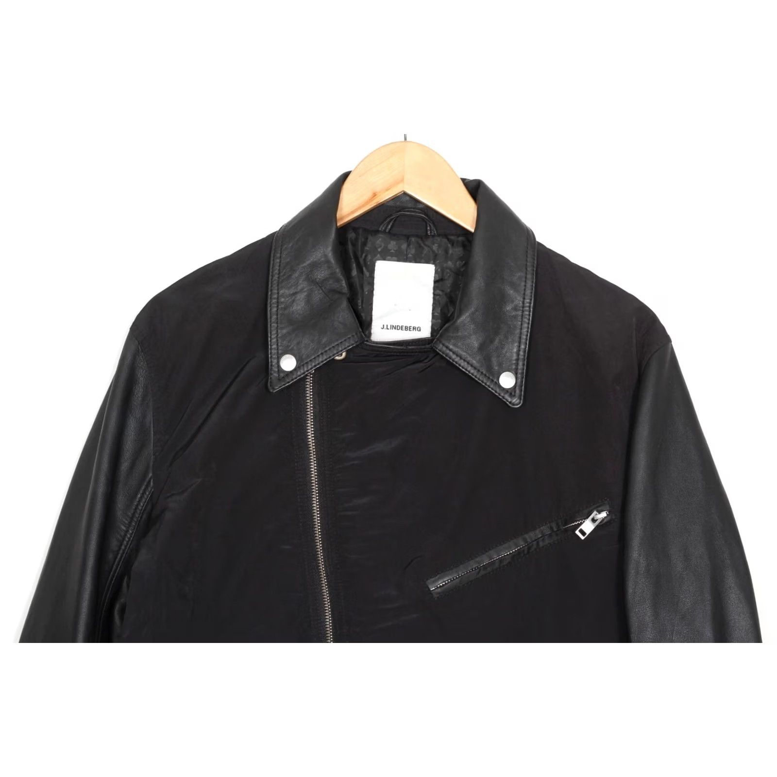 J.Lindeberg J.LINDEBERG Biker Jacket Men XL Lamb Leather Sleeves Collared Zip Short Black MJ4596 Size US XL / EU 56 / 4 - 3 Thumbnail
