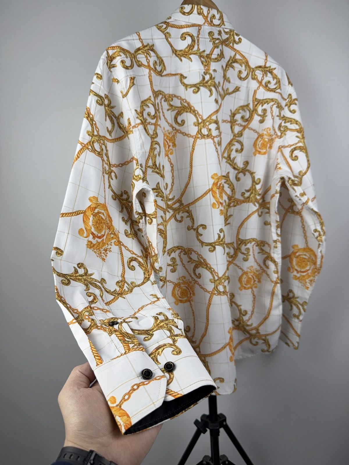 Designer × Japanese Brand Vintage 90s Versace STYLE Barocco Gothic Gold Shirt Size US XL / EU 56 / 4 - 6 Thumbnail