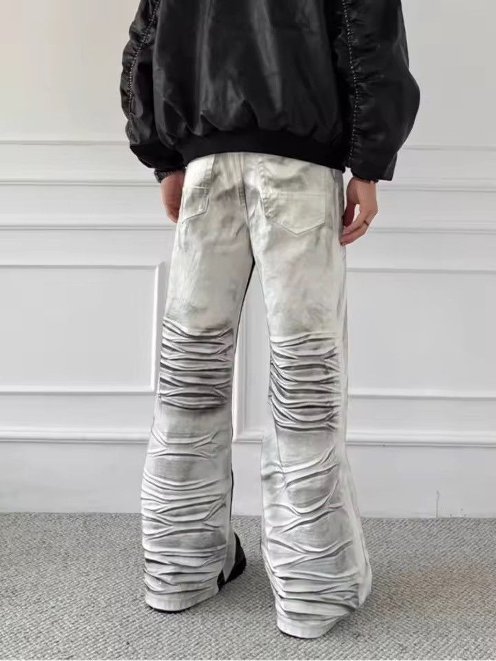 Japanese Brand Stacked Ruched Flare Denim – White Grey Wash Cargo Carpenter Size US 27 - 2 Thumbnail