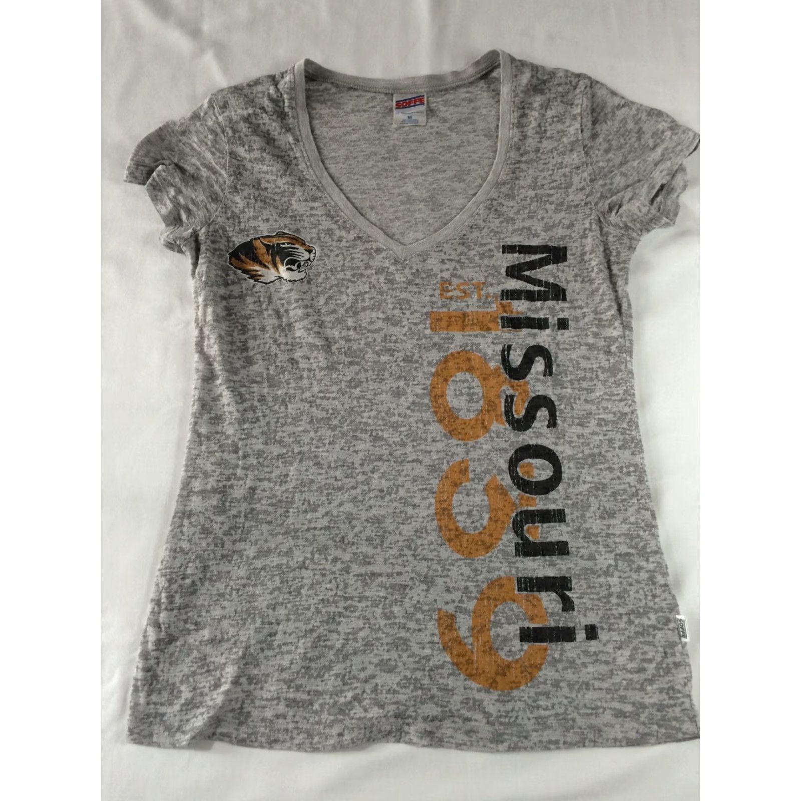 Soffe VINTAGE Missouri MU Tigers 1839 V Neck Women's T Shirt Sz M Lightweight Slub - Soffe Gray Graphic Tee Mens Womens Girls? Size M / US 6-8 / IT 42-44 - 2 Thumbnail