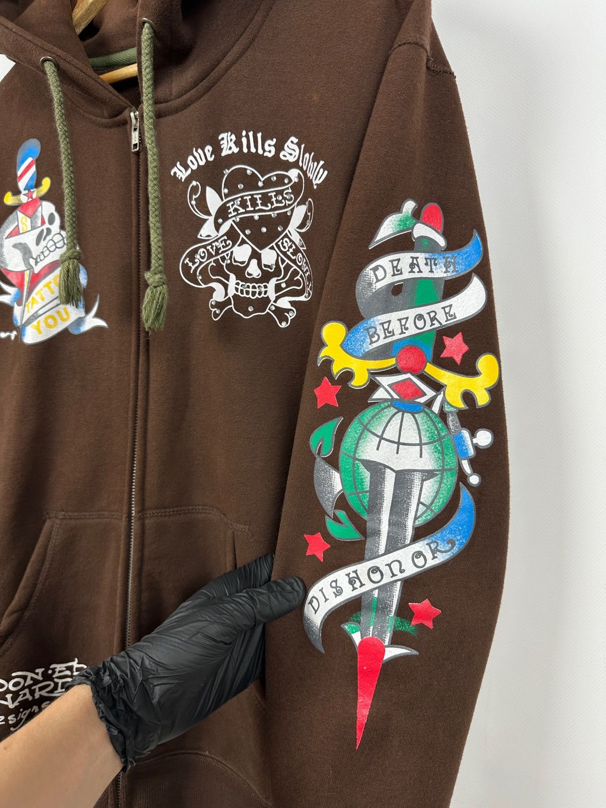 Ed Hardy Vintage Ed Hardy Rhinestones Skull Zip Up Brown Hoodie Size US M / EU 48-50 / 2 - 12 Thumbnail