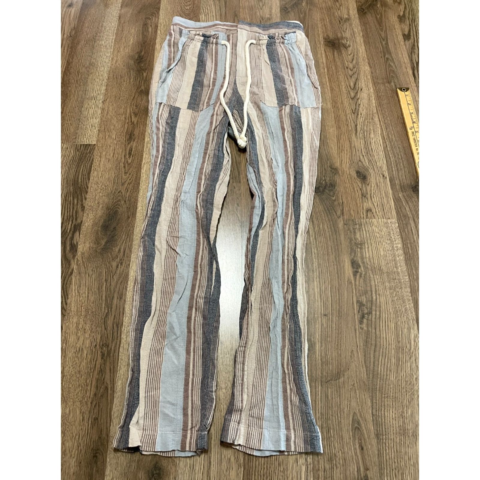 Vintage Fashion on Earth Pants Women Size Small Blue Brown Tie Waist Straight Leg Casual Ank le Size 28" / US 6 / IT 42 - 2 Thumbnail