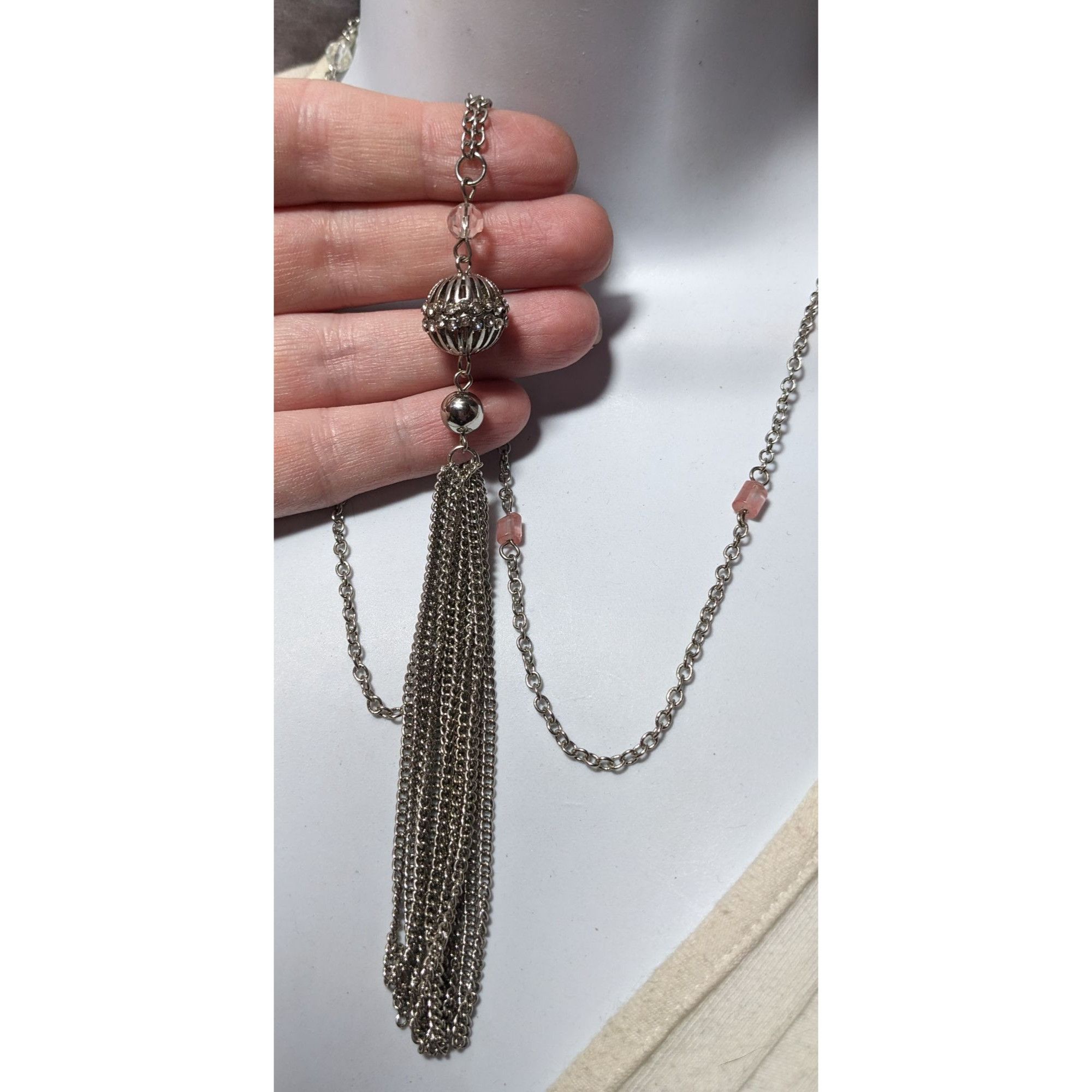 Macys Macy's Style Lab Silver Tone Pink Beaded Tassel Necklace Size ONE SIZE - 5 Thumbnail