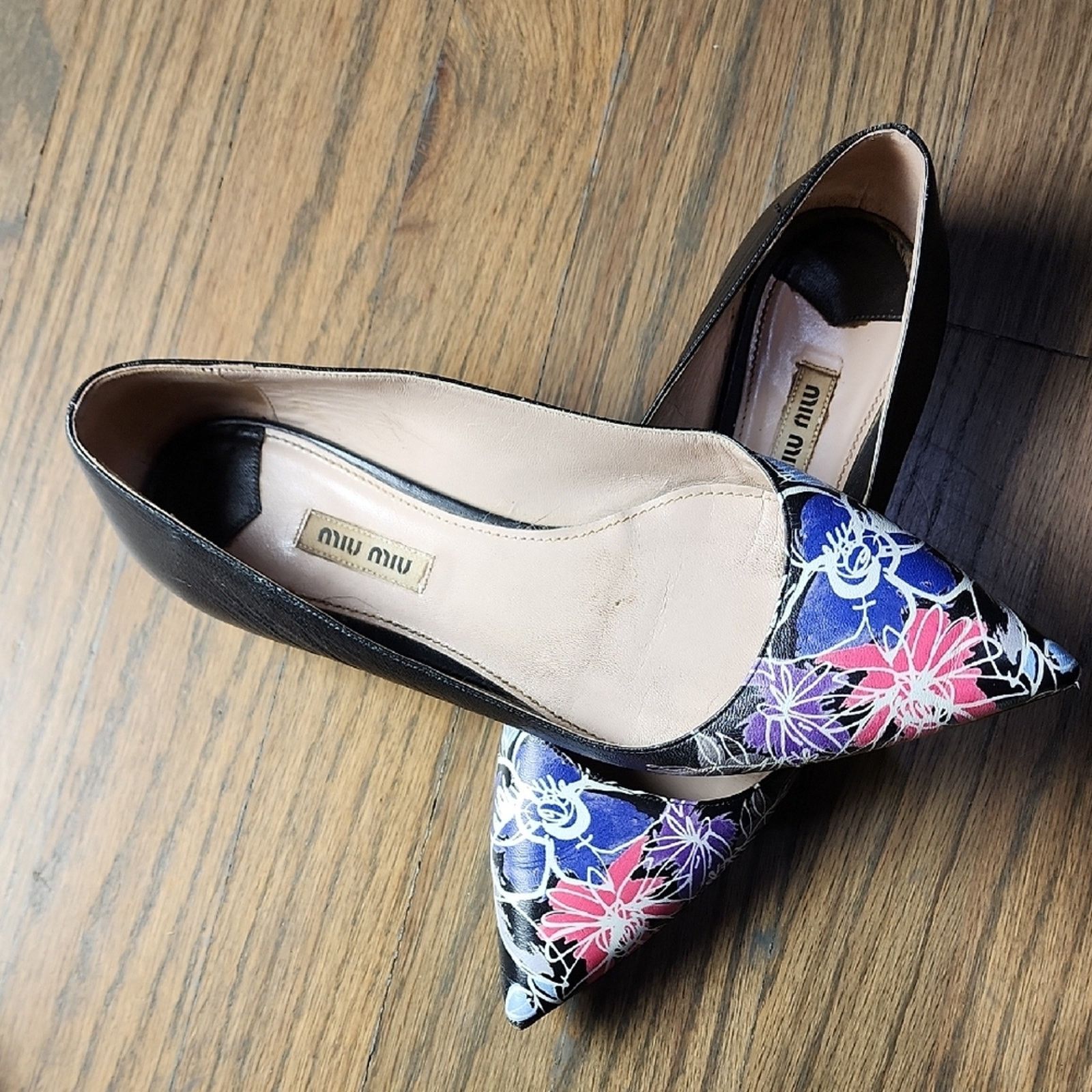Miu Miu Black and Purple Floral Pointed Flats