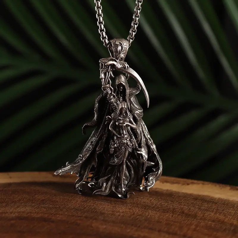 Jewelry Grim Reaper Scythe Hell Demon Skull Messenger Necklace in Silver, Men's