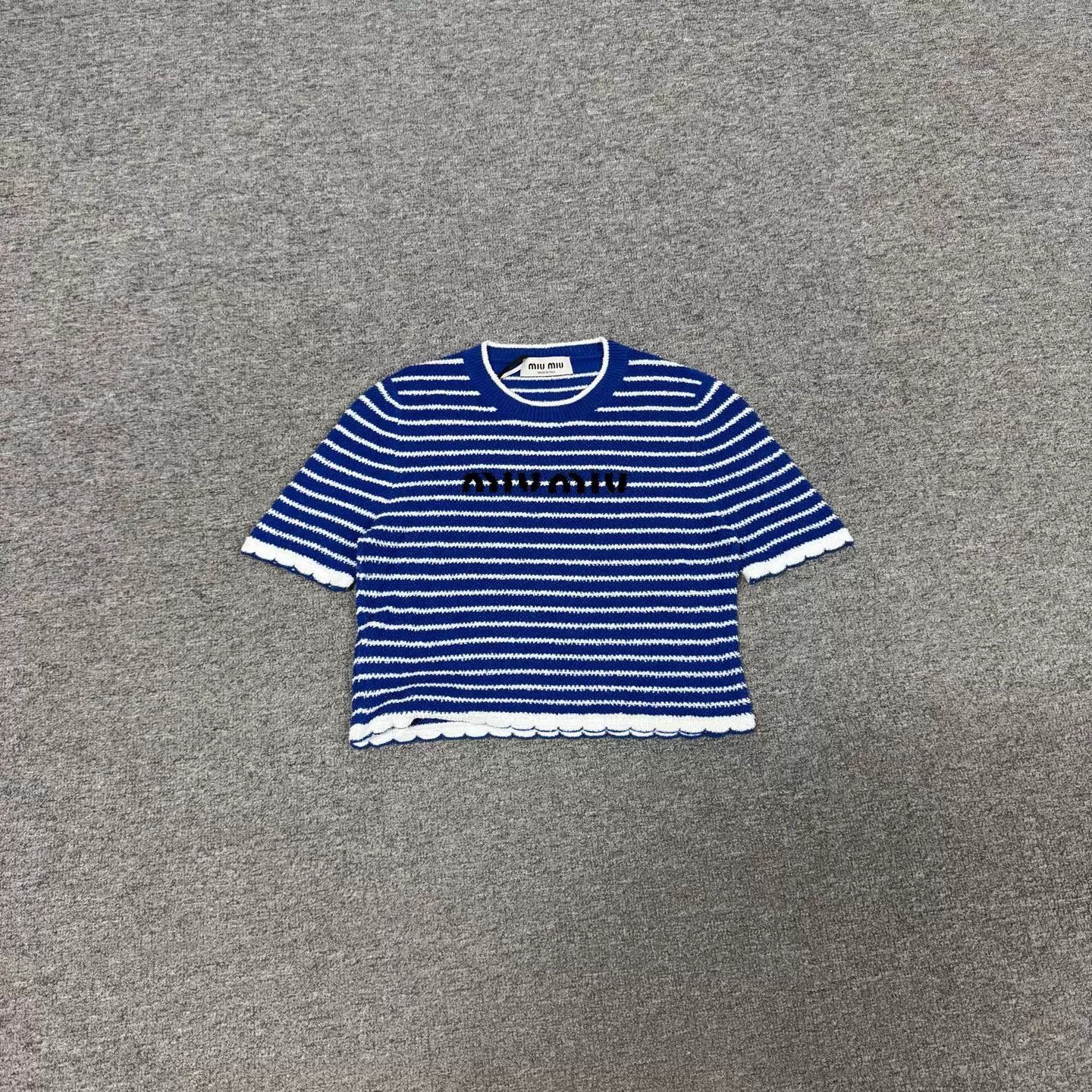 Miu Miu MIU MIU Blue & White Striped Logo Short-Sleeve Knit Top 36 Size XS / US 0-2 / IT 36-38 - 2 Thumbnail