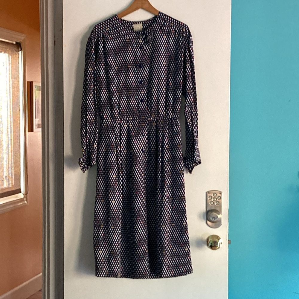 Nina Ricci Nina Ricci Vintage 1980's Silk Midi Dress Navy Diamond Patte Size L / US 10 / IT 46 - 2 Thumbnail