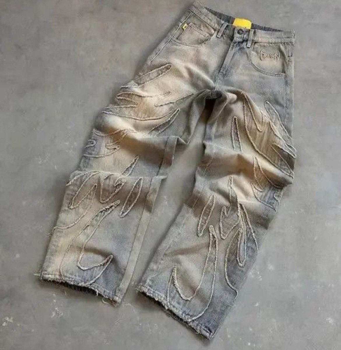 Retro Raw Edge Embroidery Baggy Jeans